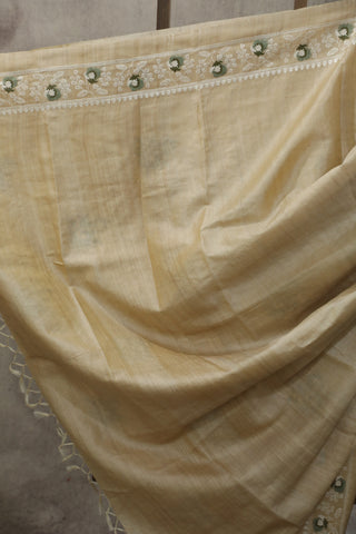 Cream Machine Embroidered Tussar Silk Saree - SRCMETSS911