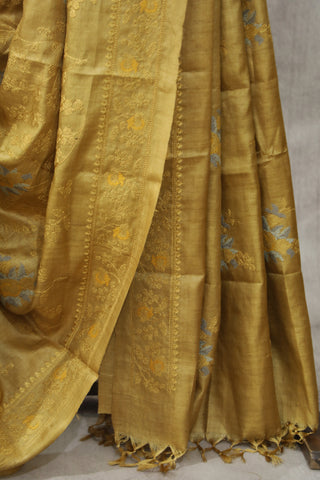 Gold Machine Embroidered Tussar Silk Saree - SRGMETSS933