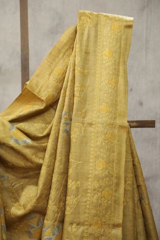 Gold Machine Embroidered Tussar Silk Saree - SRGMETSS933