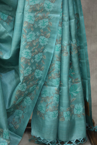 Aqua Machine Embroidered Tussar Silk Saree - SRAMETSS934