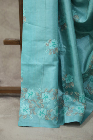 Aqua Machine Embroidered Tussar Silk Saree - SRAMETSS934