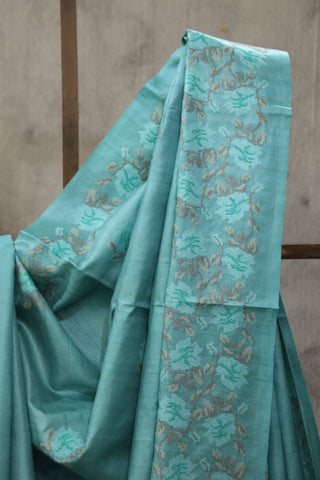 Aqua Machine Embroidered Tussar Silk Saree - SRAMETSS934