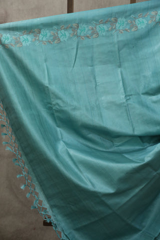 Aqua Machine Embroidered Tussar Silk Saree - SRAMETSS934