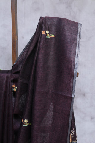 Wine Hand Embroidered Linen Saree - SRWHELS03