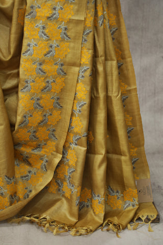 Gold Machine Embroidered Tussar Silk Saree - SRGMETSS935