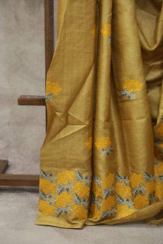 Gold Machine Embroidered Tussar Silk Saree - SRGMETSS935