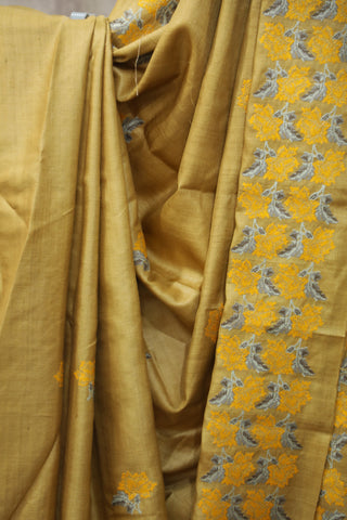 Gold Machine Embroidered Tussar Silk Saree - SRGMETSS935