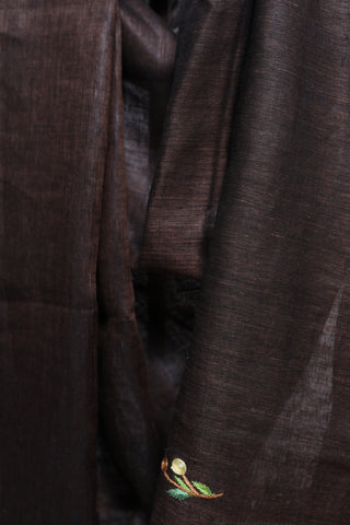 Brown Hand Embroidered Linen Saree - SRBHELS02