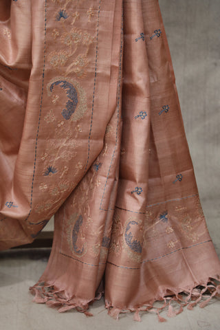 Peach Machine Embroidered Tussar Silk Saree - SRPMETSS936