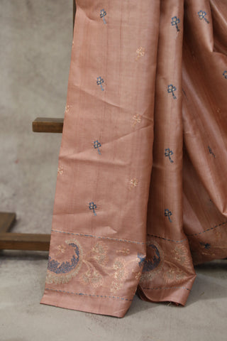 Peach Machine Embroidered Tussar Silk Saree - SRPMETSS936