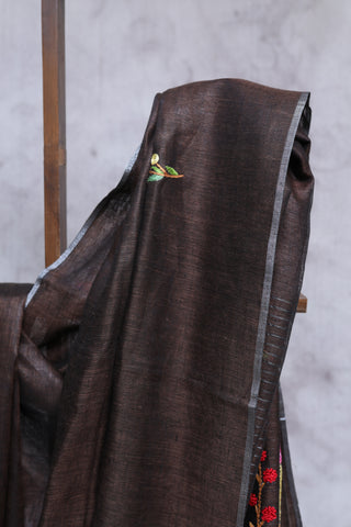 Brown Hand Embroidered Linen Saree - SRBHELS02