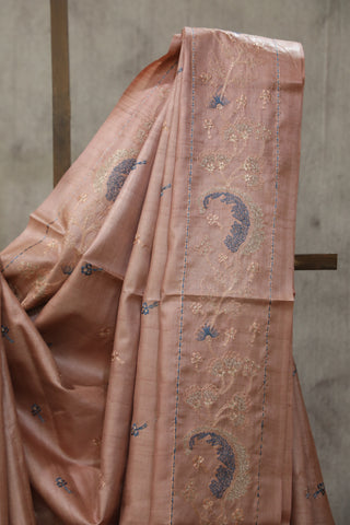 Peach Machine Embroidered Tussar Silk Saree - SRPMETSS936