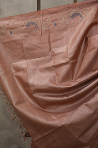 Peach Machine Embroidered Tussar Silk Saree - SRPMETSS936