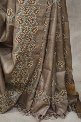 Brown Machine Embroidered Tussar Silk Saree - SRBMETSS938