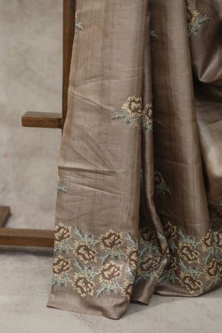 Brown Machine Embroidered Tussar Silk Saree - SRBMETSS938