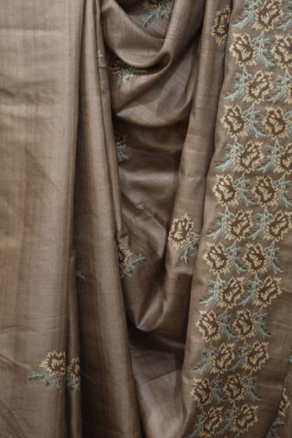 Brown Machine Embroidered Tussar Silk Saree - SRBMETSS938