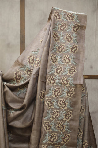 Brown Machine Embroidered Tussar Silk Saree - SRBMETSS938