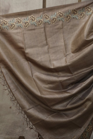 Brown Machine Embroidered Tussar Silk Saree - SRBMETSS938