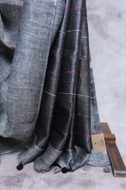 Grey Hand Embroidered Linen Saree-SRGHELS05
