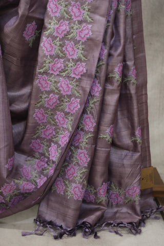 Purple Machine Embroidered Tussar Silk Saree - SRPMETSS937