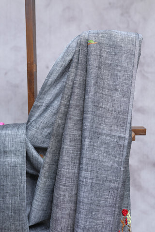 Grey Hand Embroidered Linen Saree - SRGHELS05