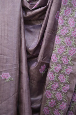 Purple Machine Embroidered Tussar Silk Saree - SRPMETSS937