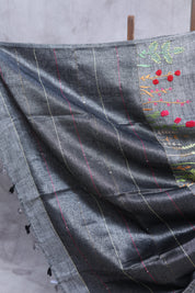 Grey Hand Embroidered Linen Saree-SRGHELS05