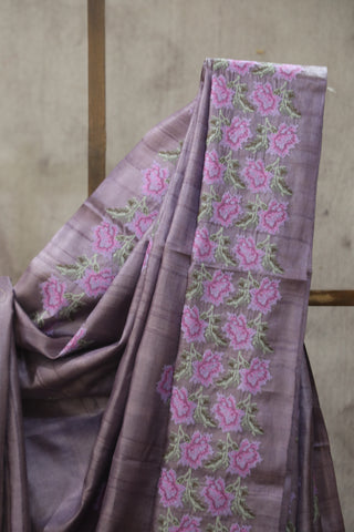 Purple Machine Embroidered Tussar Silk Saree - SRPMETSS937