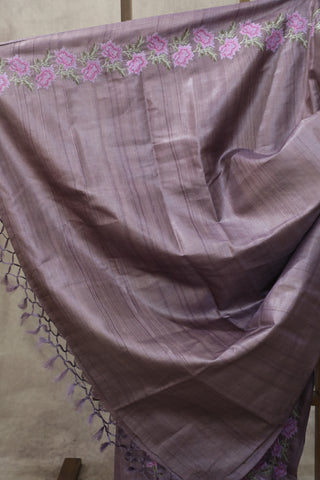 Purple Machine Embroidered Tussar Silk Saree - SRPMETSS937