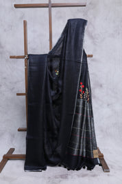 Black Hand Embroidered Linen Saree - SRBHELS07