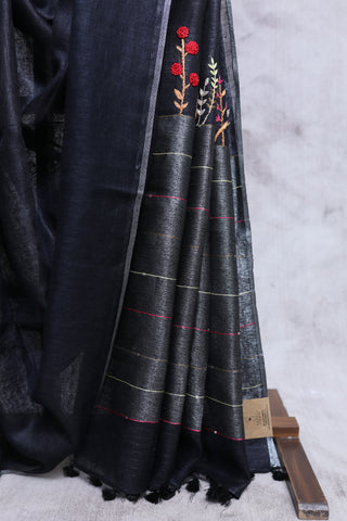 Black Hand Embroidered Linen Saree - SRBHELS07