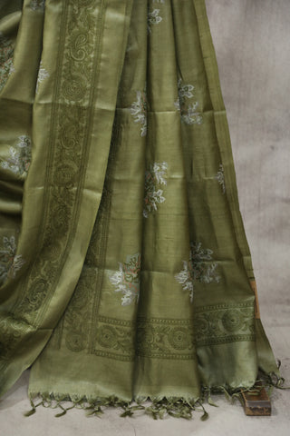 Green Machine Embroidered Tussar Silk Saree - SRGMETSS940