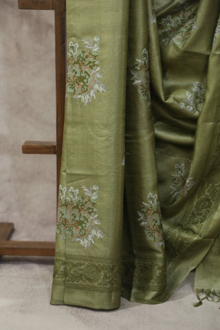 Green Machine Embroidered Tussar Silk Saree - SRGMETSS940