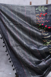 Black Hand Embroidered Linen Saree - SRBHELS07