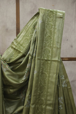 Green Machine Embroidered Tussar Silk Saree - SRGMETSS940