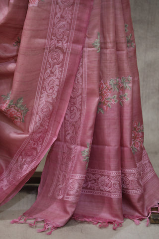 Pink Machine Embroidered Tussar Silk Saree - SRPMETSS939