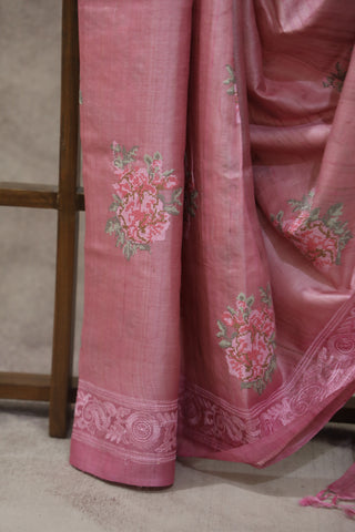 Pink Machine Embroidered Tussar Silk Saree - SRPMETSS939