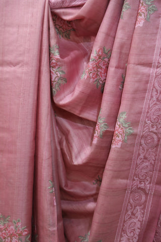 Pink Machine Embroidered Tussar Silk Saree - SRPMETSS939