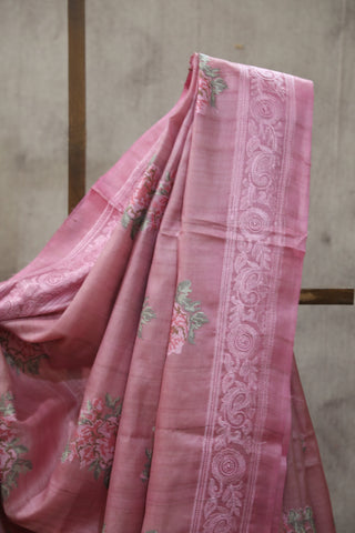 Pink Machine Embroidered Tussar Silk Saree - SRPMETSS939