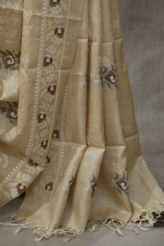 Cream Machine Embroidered Tussar Silk Saree-SRCMETSS900