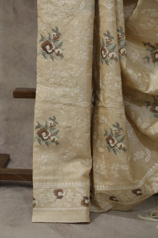 Cream Machine Embroidered Tussar Silk Saree-SRCMETSS900