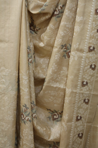 Cream Machine Embroidered Tussar Silk Saree-SRCMETSS900