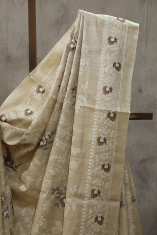 Cream Machine Embroidered Tussar Silk Saree-SRCMETSS900