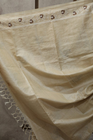 Cream Machine Embroidered Tussar Silk Saree-SRCMETSS900