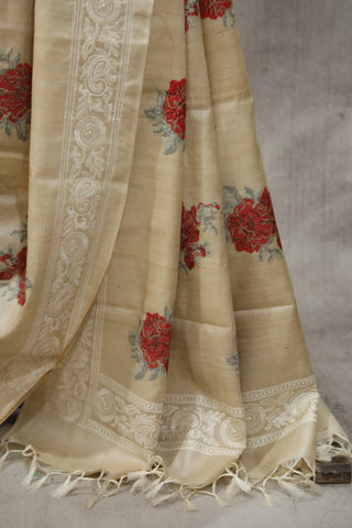 Cream Machine Embroidered Tussar Silk Saree-SRCMETSS899