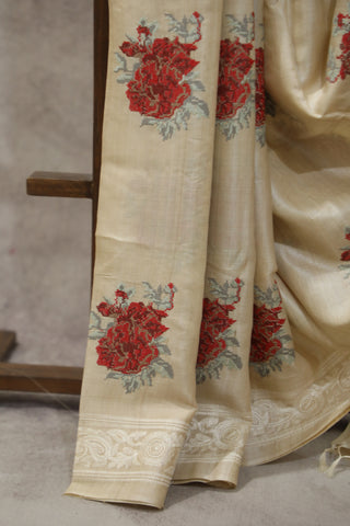 Cream Machine Embroidered Tussar Silk Saree-SRCMETSS899