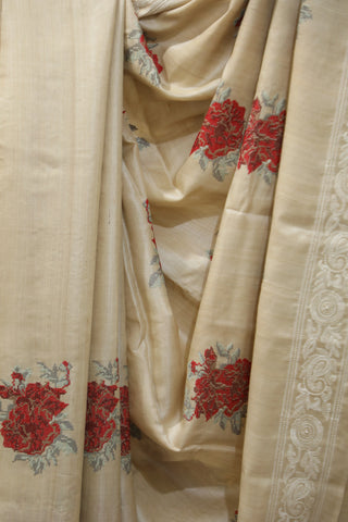 Cream Machine Embroidered Tussar Silk Saree-SRCMETSS899