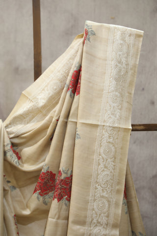 Cream Machine Embroidered Tussar Silk Saree-SRCMETSS899