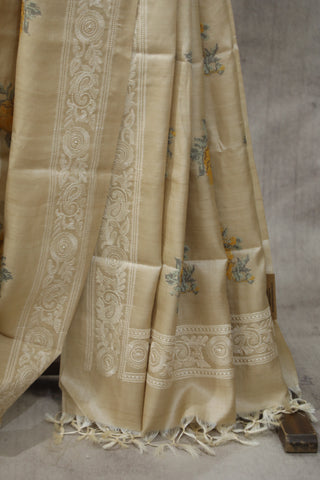 Cream Machine Embroidered Tussar Silk Saree-SRCMETSS898