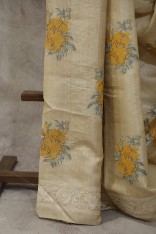 Cream Machine Embroidered Tussar Silk Saree-SRCMETSS898